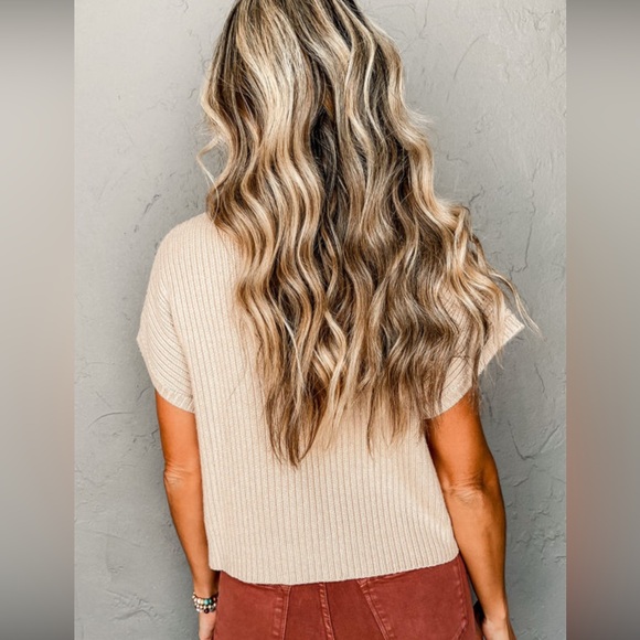 Oatmeal Tan Ribbed Short Sleeve Ribbed Lightweight Sweater Top, High Collar - Picture 7 of 10